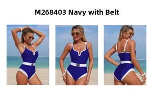 Navy blue one-piece swimsuit featuring contrast white trim and an adjustable buckled belt