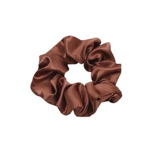 Brown satin fabric oversized hair scrunchie with glossy texture on white background