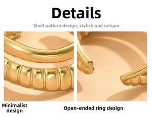 Detail view of adjustable double-layered shell texture stainless steel gold ring