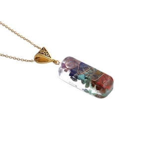 Handcrafted orgone energy pendant necklace with colorful natural crushed stones and copper wire
