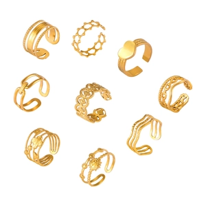 Set of 9 gold-plated adjustable rings with hollow heart and geometric bohemian designs