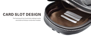 Detailed view of black leather chest bag featuring three internal card slots in front pocket