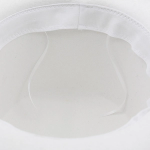 Internal detail of white vintage top hat showing interior sweatband and secure strap