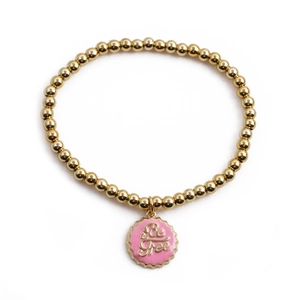 Goldenes Perlenarmband mit rosa Kronkorken-Anhänger und Be Free-Gravur für Damen