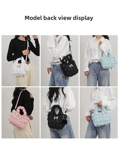 Collage of quilted cloud bags in white, black, blue, and pink with bow detail and fur pom