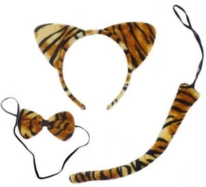 Three-piece tiger stripe cosplay set with cat ear headband, bow tie and plush tail detail