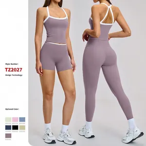 Dames Yoga Set met Contrastbies Gekruiste Rug Sport BH en Uitlopende Legging Hoge Taille Strak Workout Trainingspak Top And Bottom