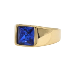 Fashionable gold plated titanium steel signet ring with a square blue gemstone inlay