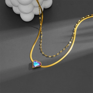Double-layered titanium steel necklace with a gradient purple heart pendant and flat snake chain