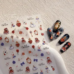 5D embossed Alice in Wonderland nail art stickers with vintage clocks and roses