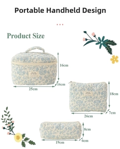 Size dimensions for floral quilted cotton cosmetic bags in large, medium, and small sizes