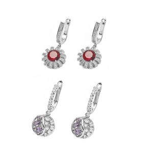 U-shaped earrings with red sunflower pendant and purple gemstone globe in silver finish