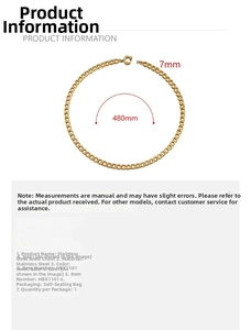 Detailed size specifications for a 7mm wide stainless steel chain in gold and steel tones