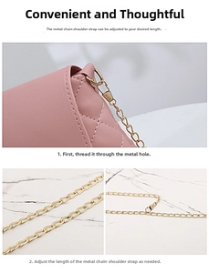 Pink quilted leather bucket bag with adjustable gold chain strap and detail view