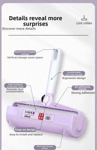 Detail view of purple lint roller with ergonomic handle and protective dust cover