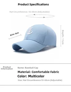 Tableau des tailles détaillé pour casquette bleu clair avec broderie ancre blanche et specs