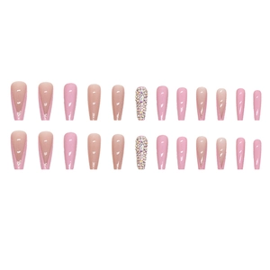 French style pink press-on nails with full glitter rhinestones in coffin shape 24pcs set