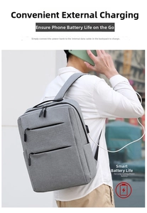 Detail showing the external USB charging port on the side of this gray business backpack