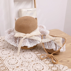 Sweet girls straw sun hat and matching crossbody bag set with lace and ribbon bows