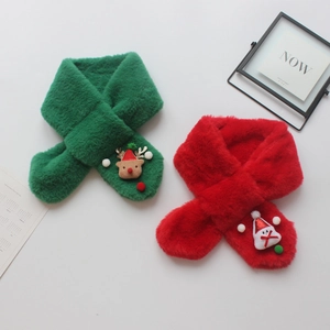 Close-up of plush Christmas scarves with reindeer and Santa Claus cartoon patches