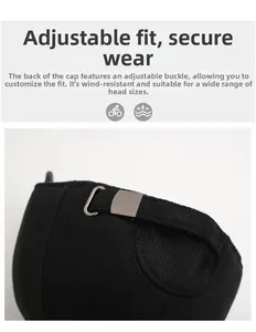 Detail of adjustable metal buckle and elastic strap on the winter baseball cap