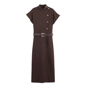 Women Elegant Maxi Dress High Stand Collar Metallic Buttons Batwing Sleeve Solid Color With Belt Polyester Fashion