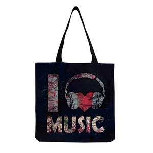 Dettaglio della borsa tote in tela nera con stampa graffiti artistica I Music rock