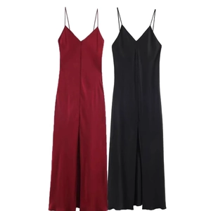 Vestito Maxi In Raso Da Donna Con Spalline Sottili Scollo A V Profondo Sexy Spacco Alto Senza Maniche Schiena Scoperta Elegante