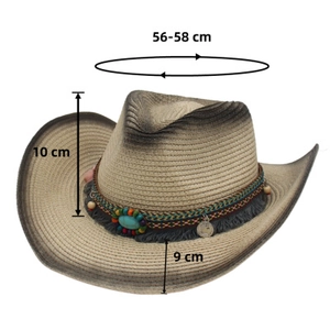 Western straw cowboy hat dimensions showing 10cm crown height and 9cm wide brim detail
