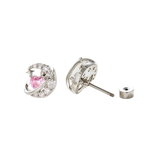 Pink heart moon earrings in titanium steel with zircon crystals and screw flat backs