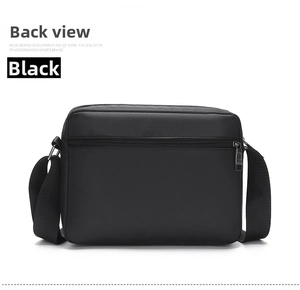 Back view of black nylon messenger bag featuring a secure zipper pocket and woven strap
