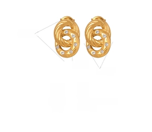 Macro detail of gold double-hoop titanium earrings with cubic zirconia and size specs