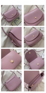 Detailed views of light pink PU leather crossbody bag with magnetic closure and interior pocket
