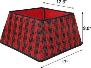 Detailed dimensions of red and black buffalo plaid Christmas tree collar 17 inch base