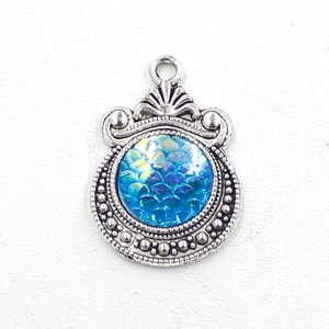 12MM antique silver moon scale pendant with iridescent blue mermaid pattern