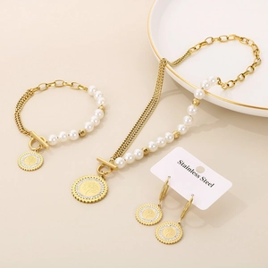 18K gold plated stainless steel jewelry set with tree of life pendants and pearls