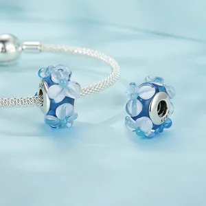 S925 Sterling Silver Blue Flower Glass Charm with crystals for DIY beaded bracelets