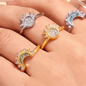Titanium Steel Sun Moon Zirconia Rings For Women Fashion Adjustable Open Ring Gold Silver Plated Zirconia Finger Rings Celestial Jewelry Gift