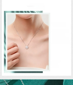 Close-up of S925 sterling silver flower pendant necklace with zircons on a model