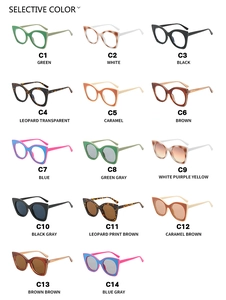 Grid display of cat-eye eyewear showing diverse frame colors and gradient lenses
