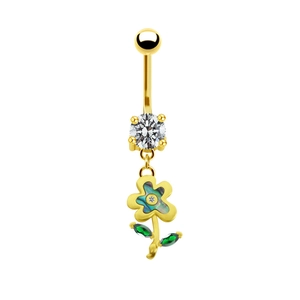 Golden navel ring featuring rainbow abalone shell flower pendant and clear zircon stones