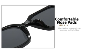 Detail of ergonomic integrated nose pads on black square frame sunglasses for comfort