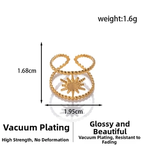 Detail of vacuum plated golden ring with sunburst motif and beaded band texture