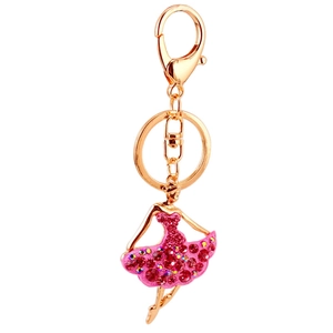 Sparkling pink rhinestone ballet girl keychain with gold-plated metal clasp and ring
