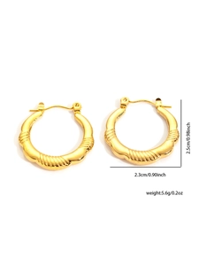 Detailed view of gold hoop earrings showing size 2.5cm and shell texture finish