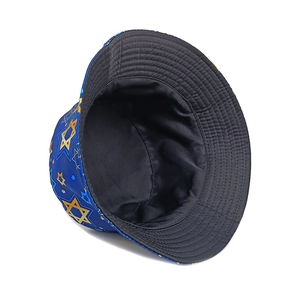 Reversible blue bucket hat with geometric Star of David pattern and black interior