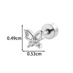 Minimalist silver butterfly stud earring with clear crystals and dimensions 0.53cm x 0.49cm
