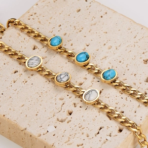 Gold stainless steel link chain bracelets with oval turquoise and white marble stones