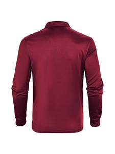 Back view of burgundy mesh polo shirt showing breathable knit texture and ribbed cuffs