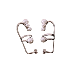 Elegant silver ear cuffs with white pearls and sparkling cubic zirconia in a pair
